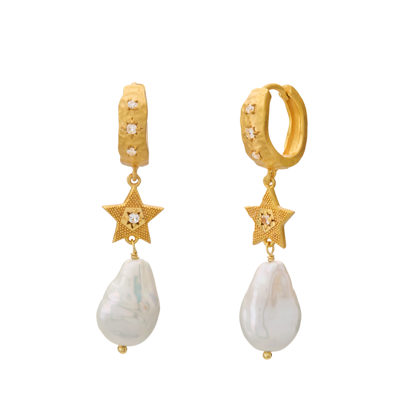 Gold hoop earrings with star-shaped pendants and pearl drops on a white background