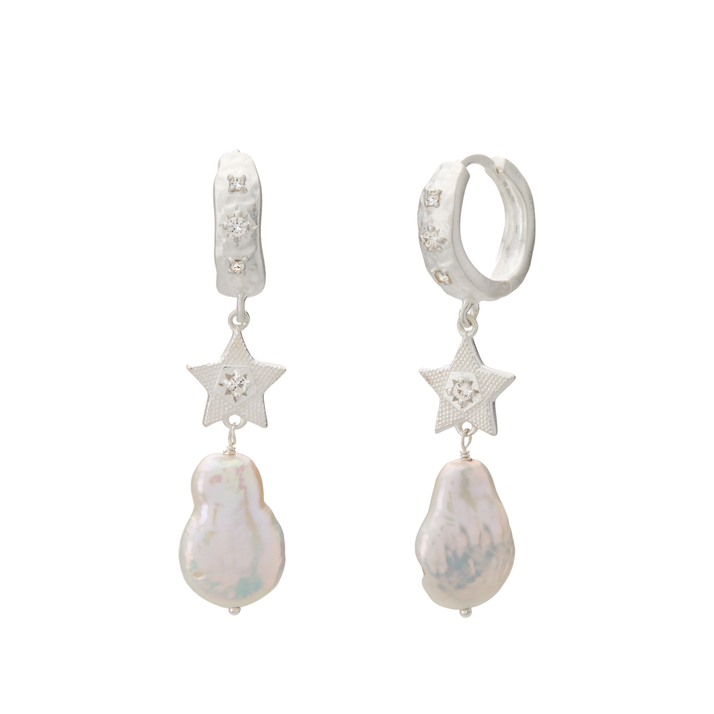 Pair of silver hoop earrings with star and pearl drop charms on a white background