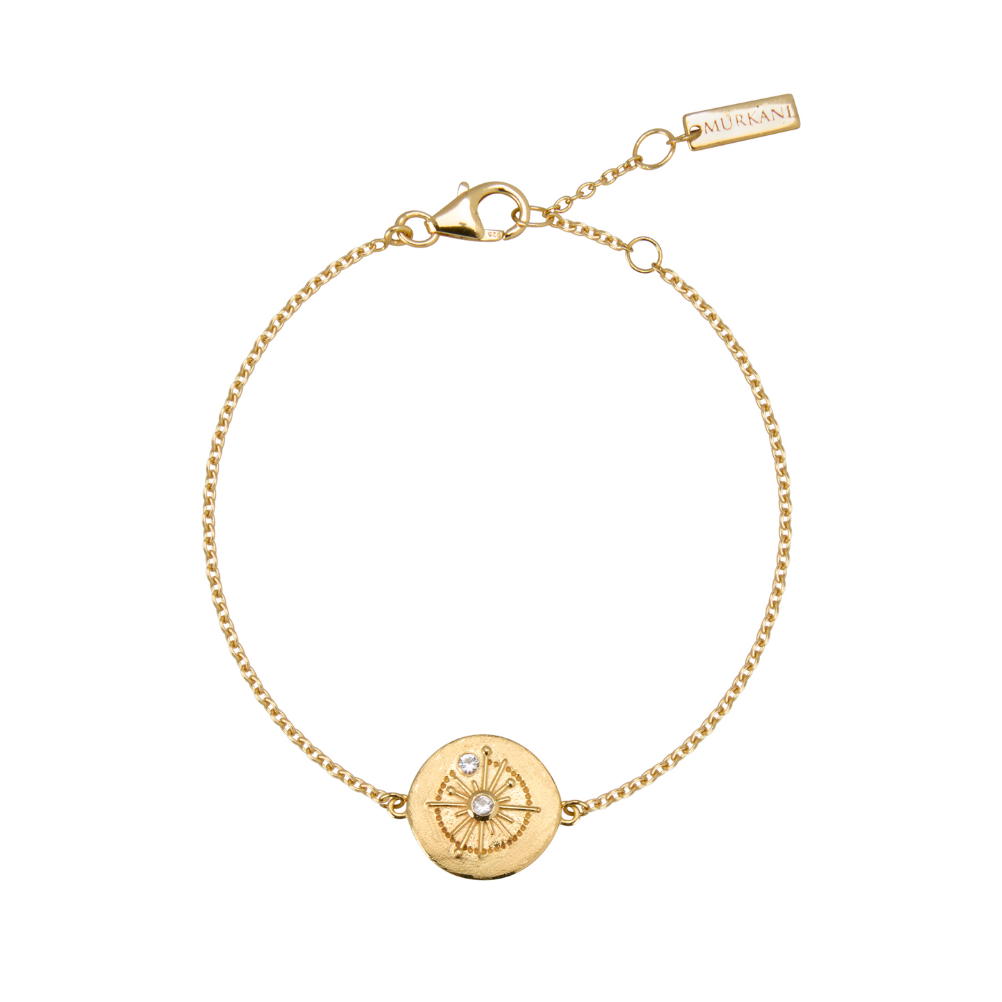 Gold bracelet with a circular pendant on a white background