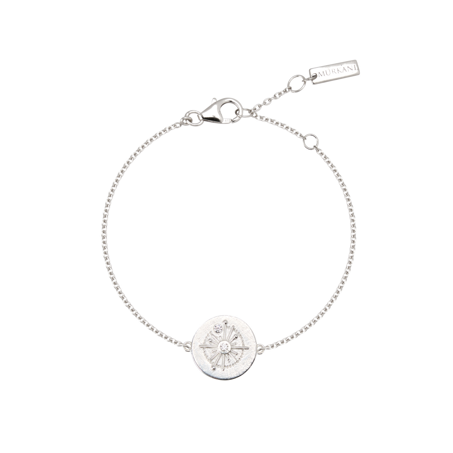 Silver bracelet with a compass charm on a white background