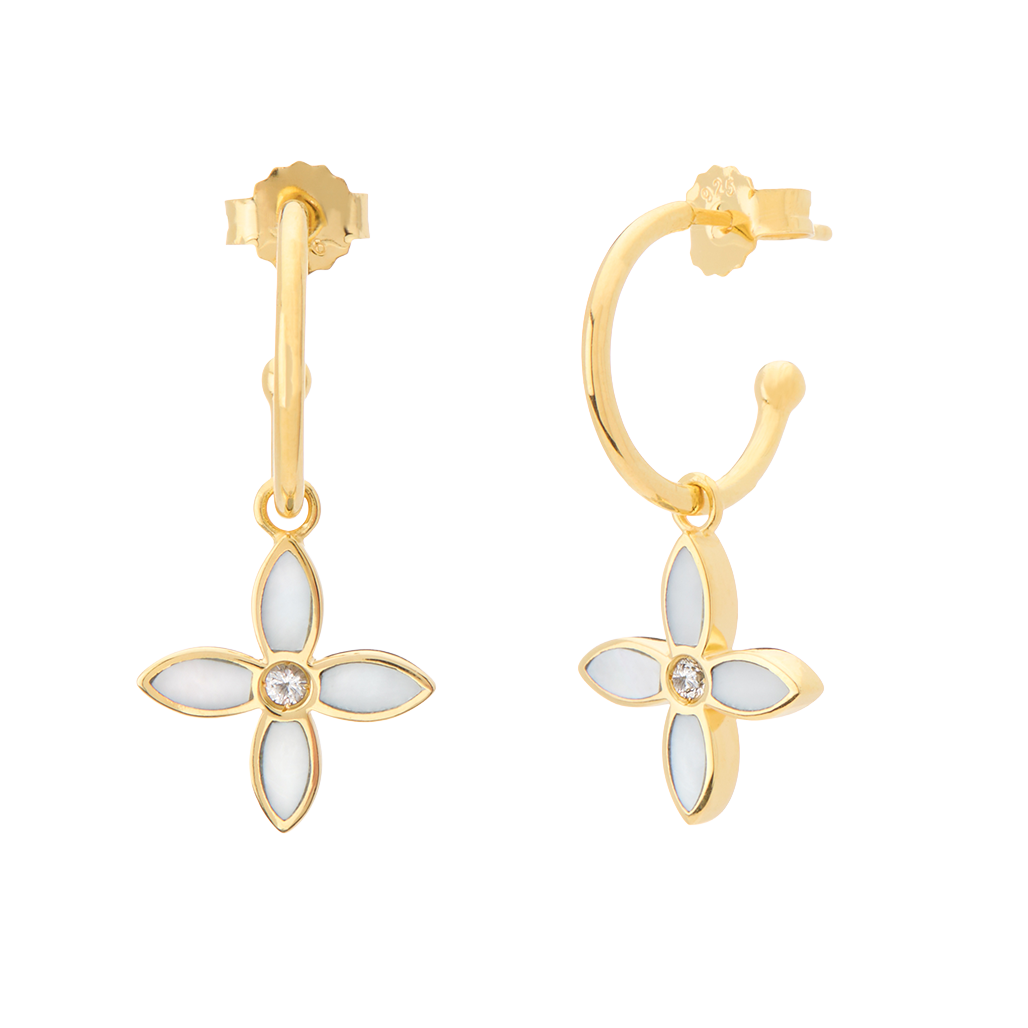 Gold hoop earrings with white floral designs on a white background