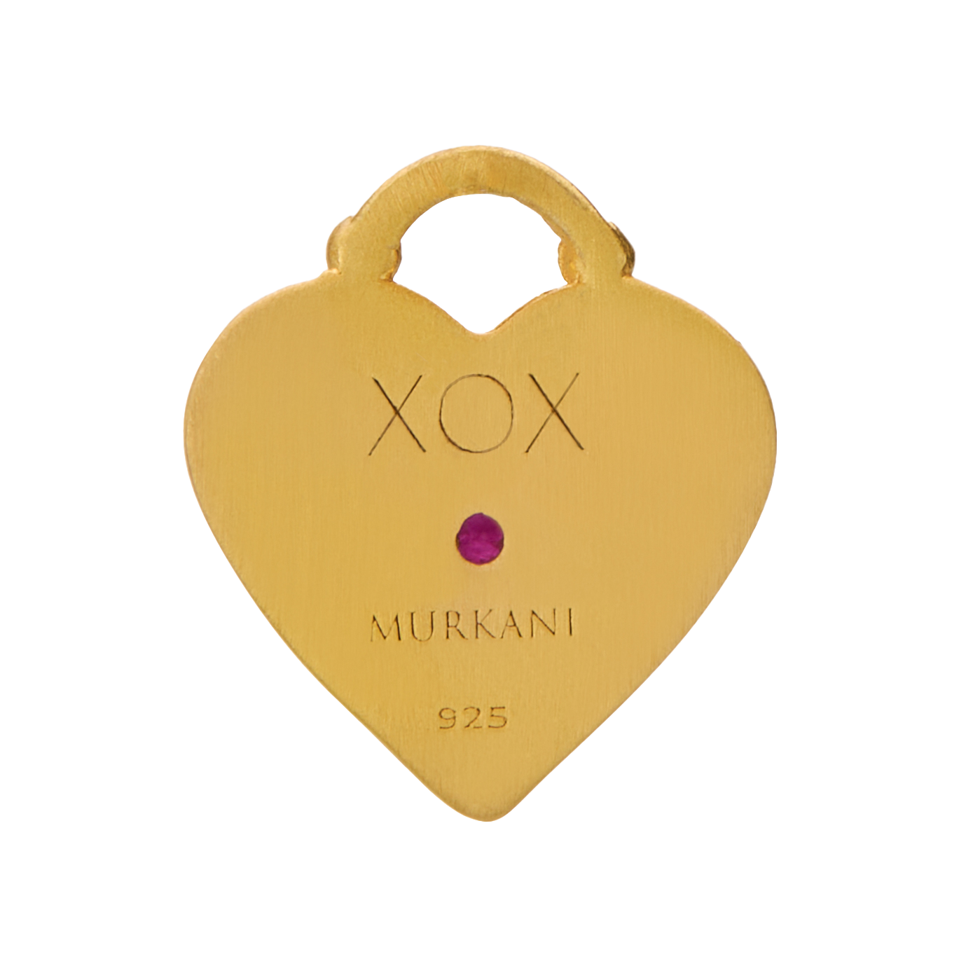 Heart-shaped gold pendant with 'XOX' and 'Murkani' branding on a white background