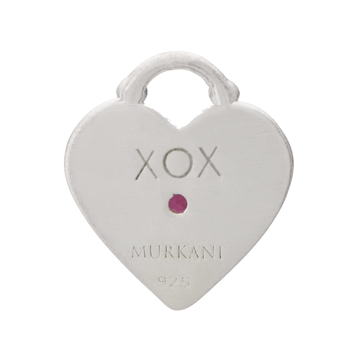 Heart-shaped silver pendant with 'XOX' and 'Murkani' text on a white background
