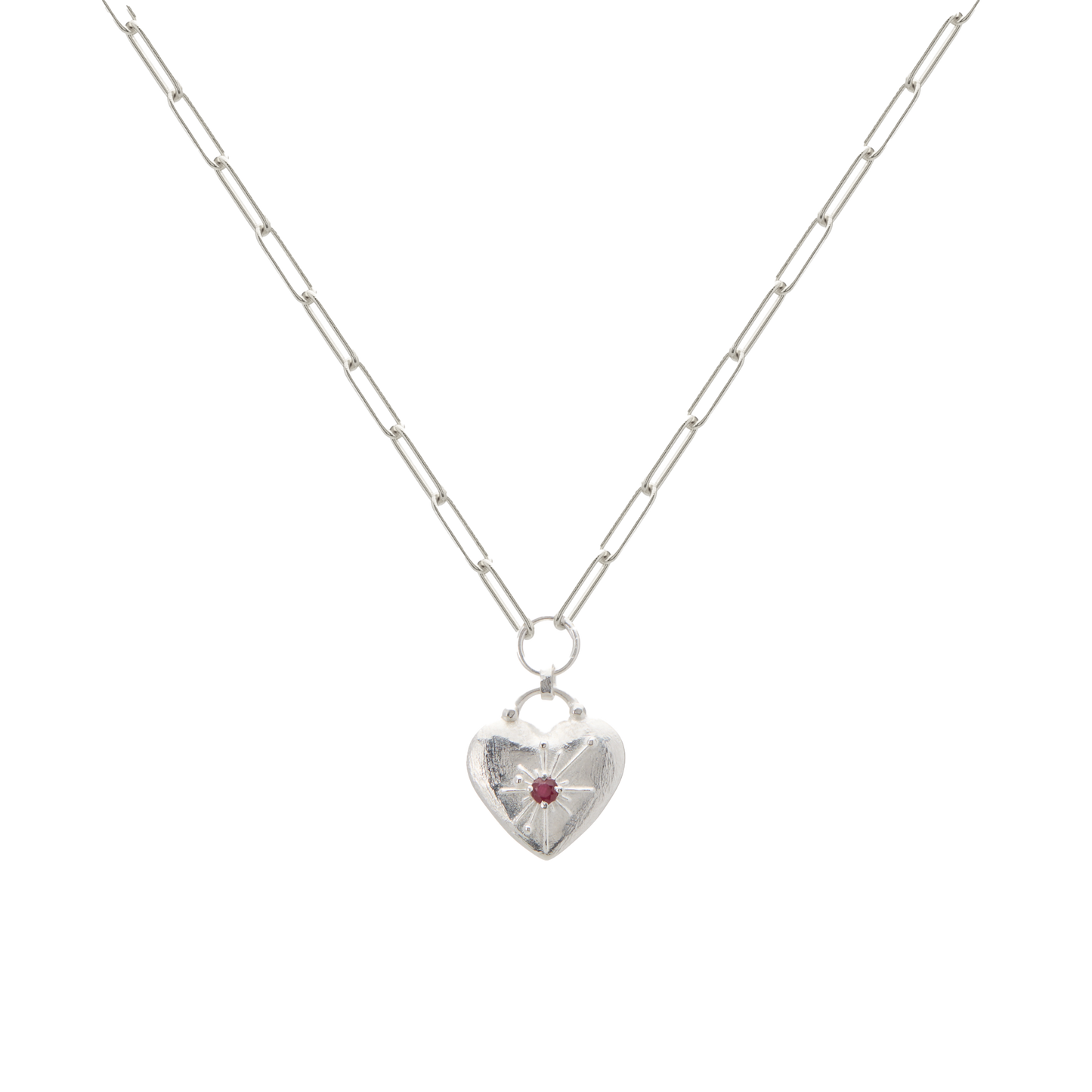 Silver necklace with a heart-shaped pendant on a white background