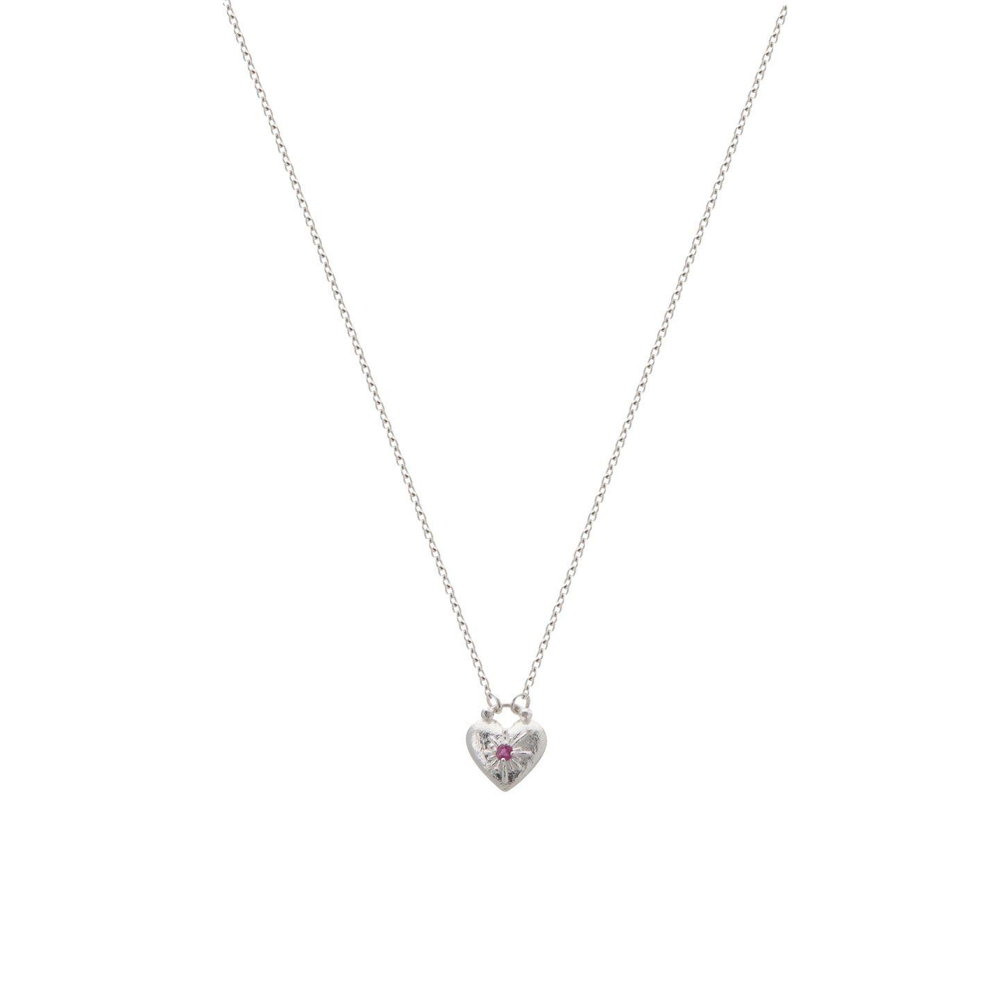 Silver necklace with a heart-shaped pendant on a white background