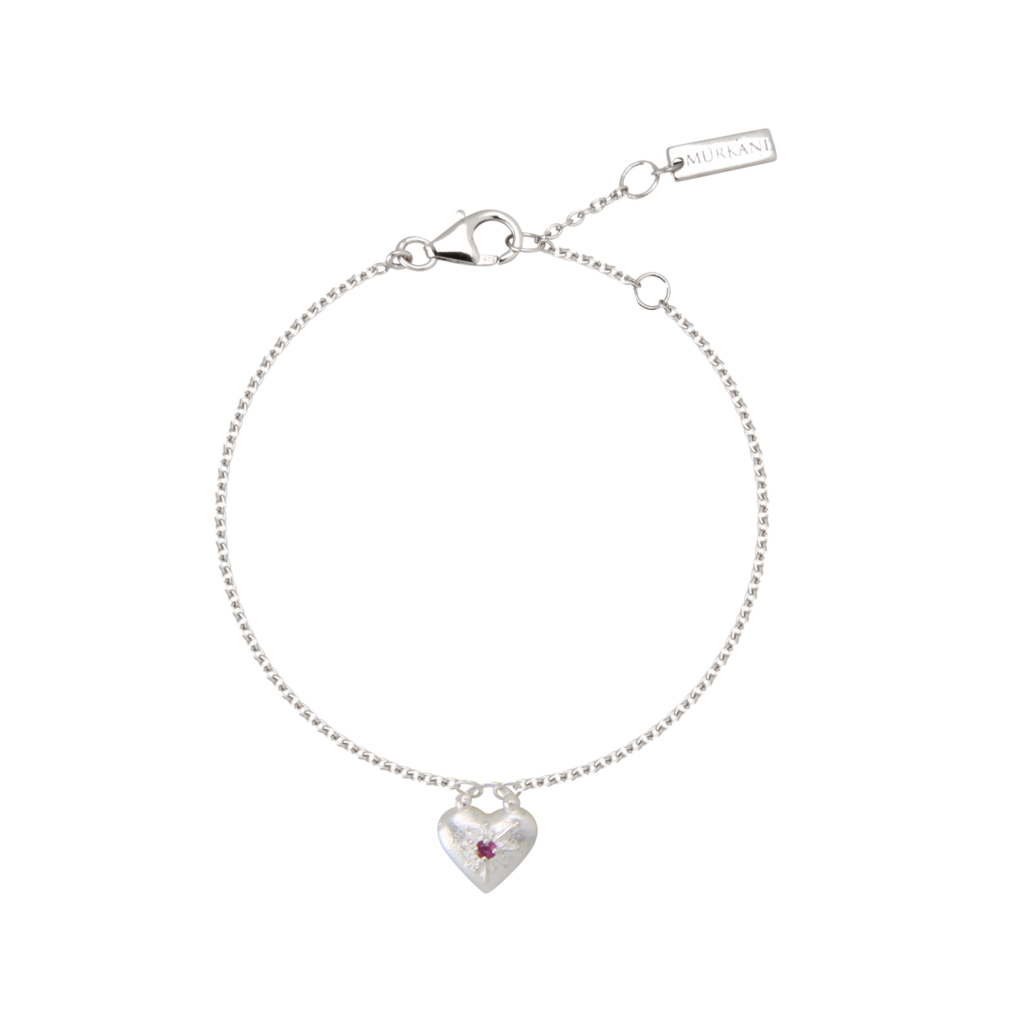 Silver bracelet with a heart-shaped charm on a white background