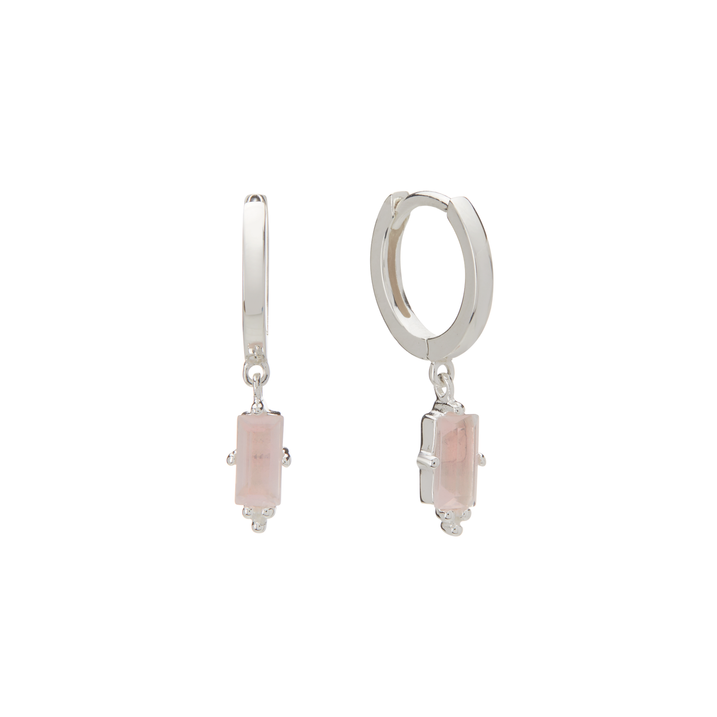 Huggies with Hanging Rose Quartz Baguette