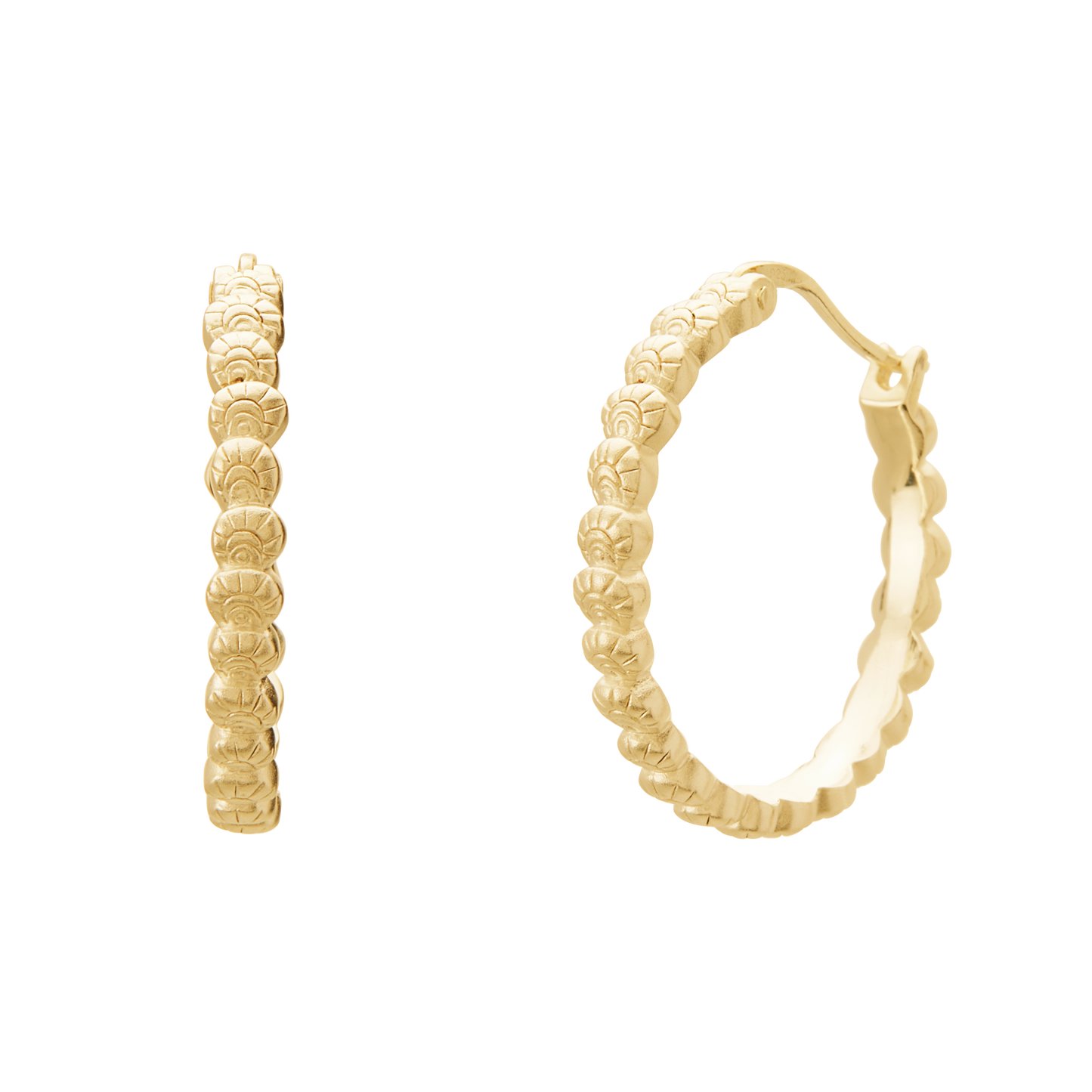 Gold hoop earrings with textured design on a white background