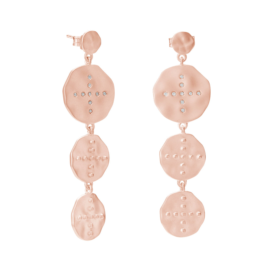 Ethically produced rose gold statement earrings with ancient symbolism. Unique and timeless addition to any collection.
