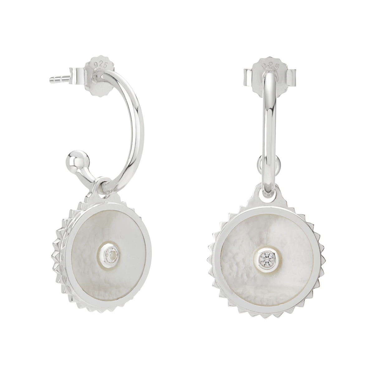 Sterling silver hoop earrings with moonstone, white topaz, and Ailm cross design symbolising fearlessness.