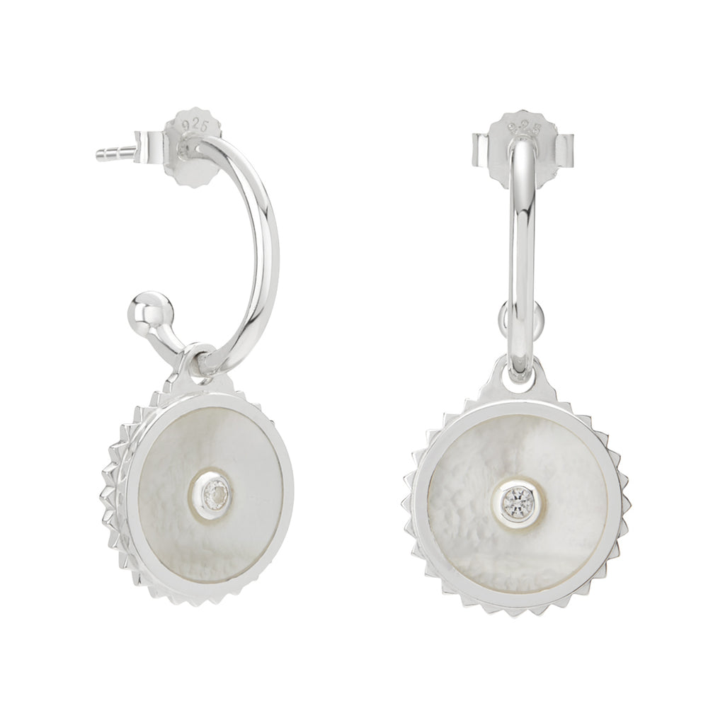 Sterling silver hoop earrings with moonstone, white topaz, and Ailm cross design symbolising fearlessness. 