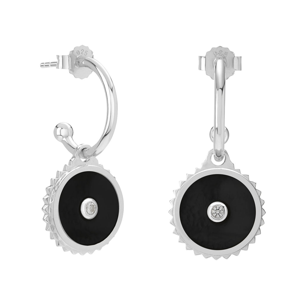 Sterling silver hoop earrings with black onyx and white topaz. Feminine Celtic design with meaningful ancient symbolism.
