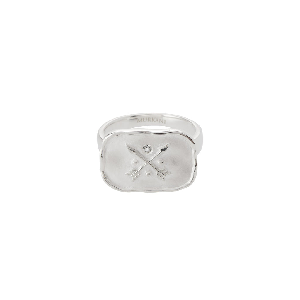 Handcrafted statement ring in Sterling Silver with ancient symbolism. Artisan made, featuring crossed arrows. 