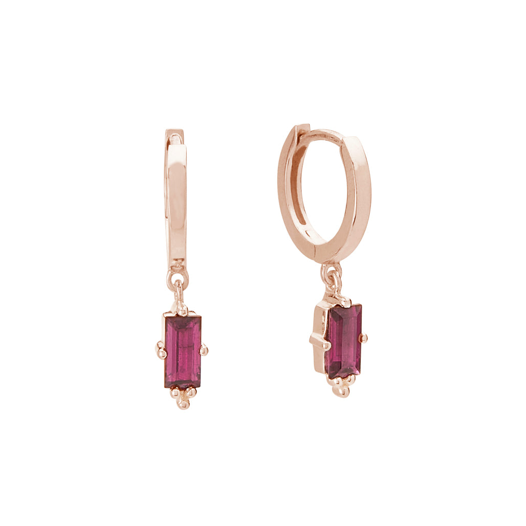 Huggie with Pink Rhodalite baguette Huggie with Pink Rhodalite baguette