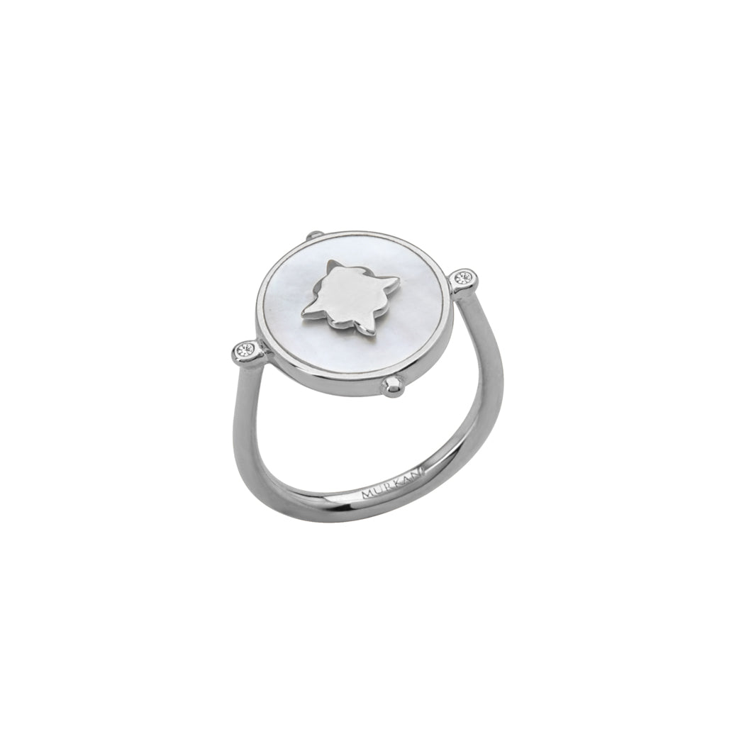 Handcrafted ring, created by skilled artisans. Featuring mother of pearl centrepiece, delicately set in a lustrous sterling silver band.