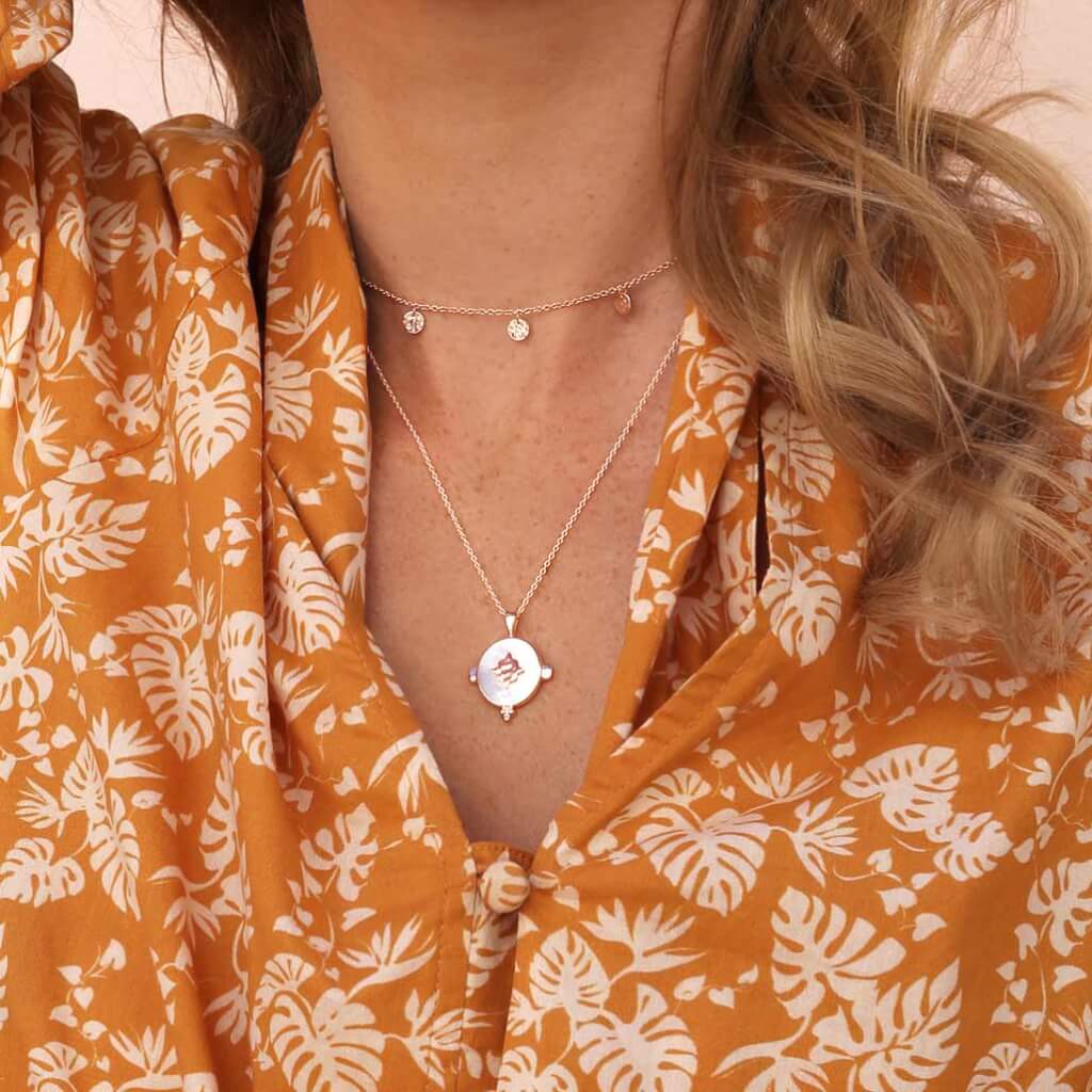 A handcrafted necklace featuring a mother of pearl pendant in a rose gold setting. An Artisan-made piece of jewellery.