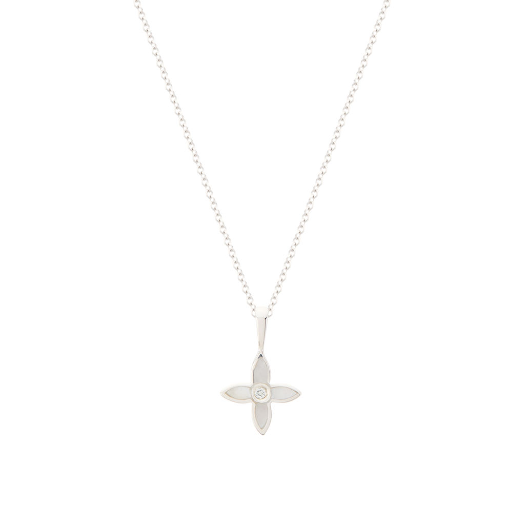 Silver flower-shaped pendant necklace on a white background
