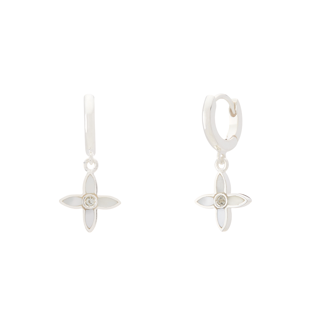 Pair of silver earrings with floral designs on a white background