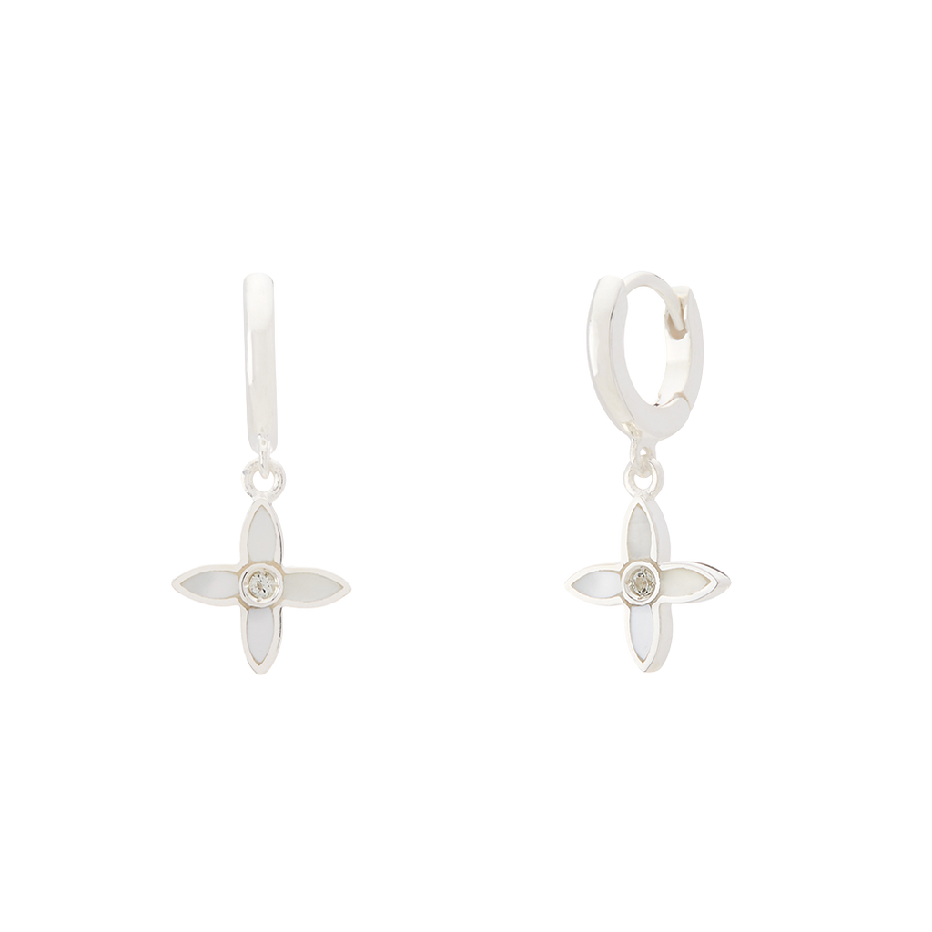 Pair of silver earrings with floral designs on a white background