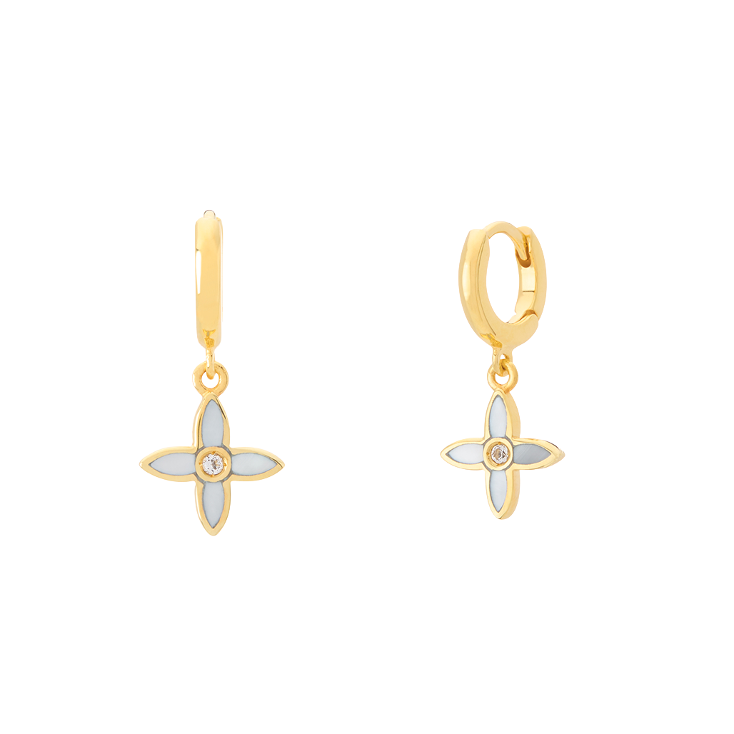 Gold earrings with floral designs on a white background