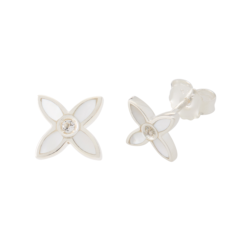 Flower-shaped earrings with a central gemstone on a white background