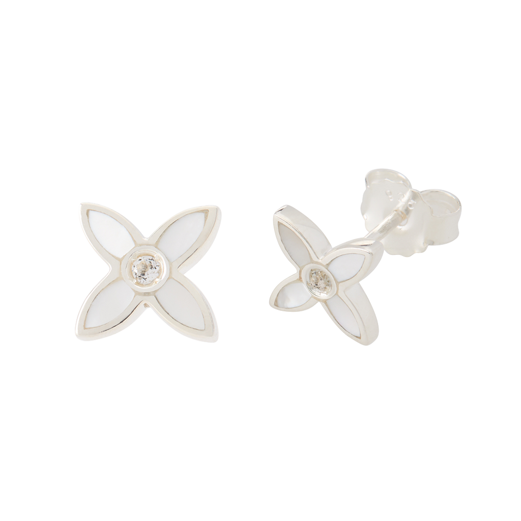Flower-shaped earrings with a central gemstone on a white background