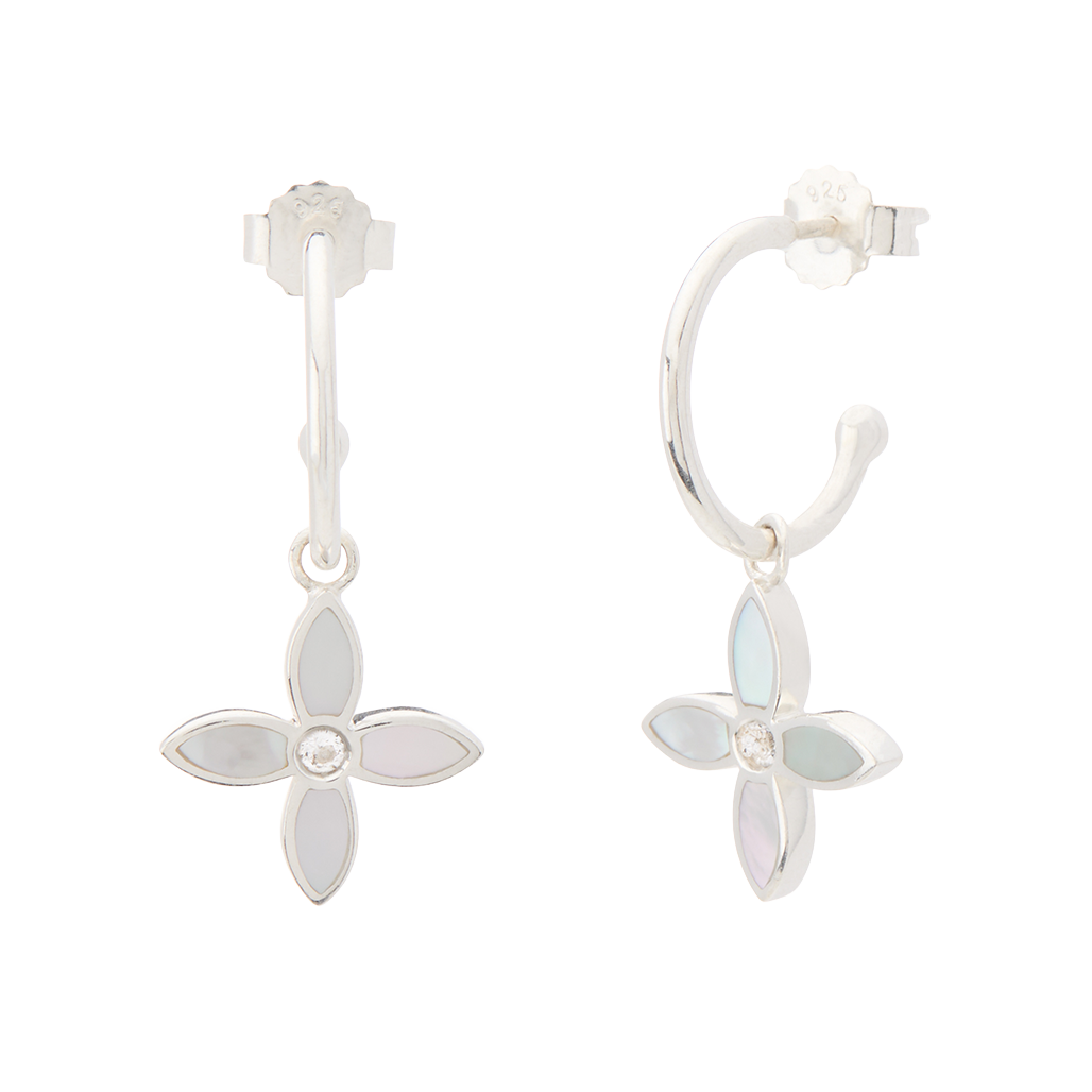 Silver earrings with floral designs on a white background