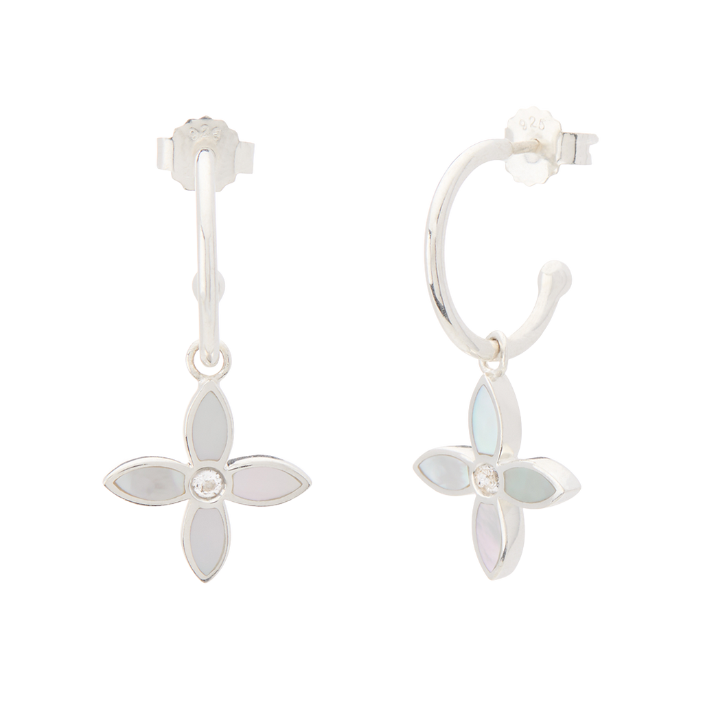 Silver earrings with floral designs on a white background