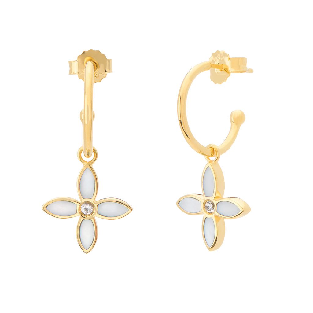 Gold hoop earrings with white floral designs on a white background