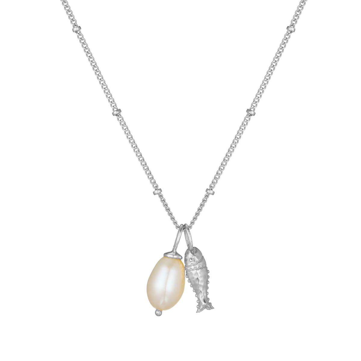 A silver chain necklace featuring a dual pendant with a large, lustrous cream-colored pearl and a textured silver fish charm, set against a plain white background.