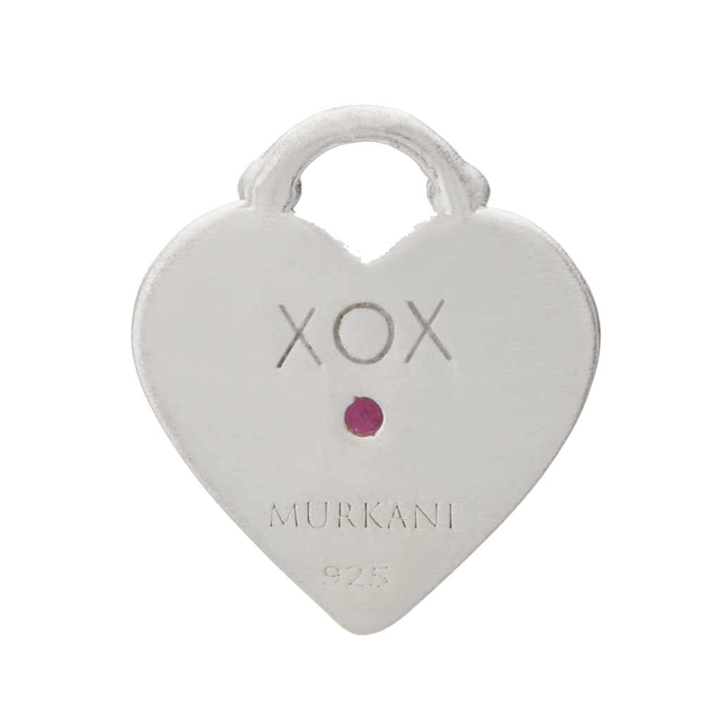 Heart-shaped silver pendant with 'XOX' and 'Murkani' text on a white background