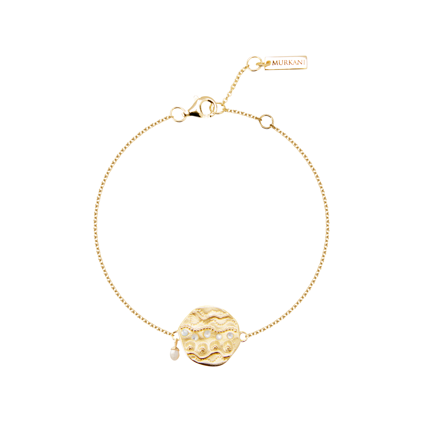 Gold bracelet with a decorative charm on a white background