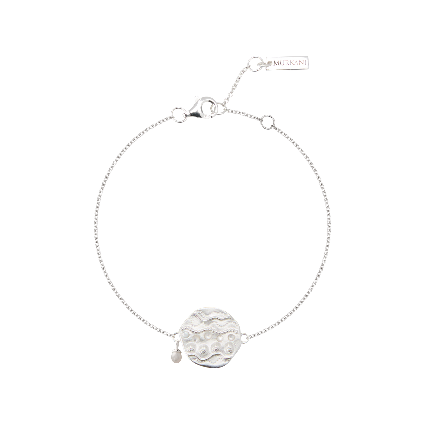 Silver bracelet with a circular design on a white background