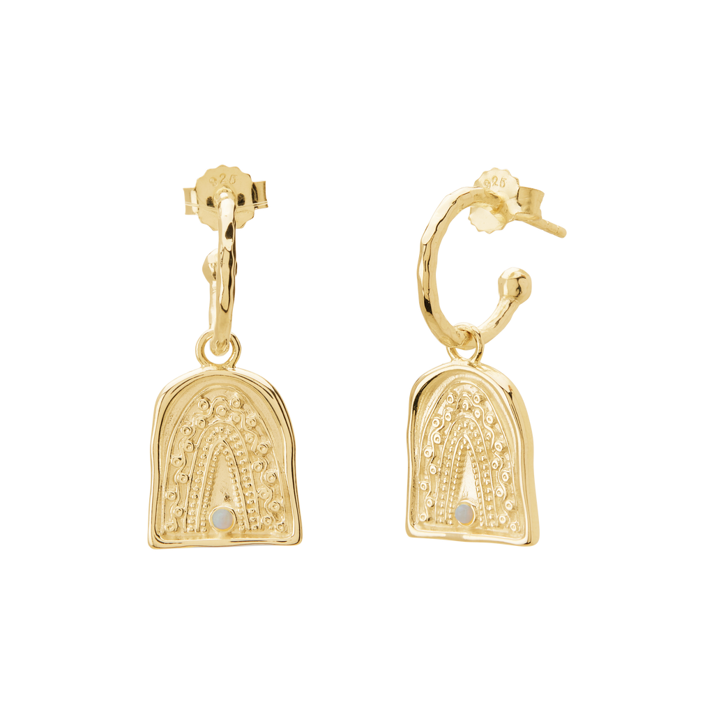 Gold earrings with intricate designs on a white background