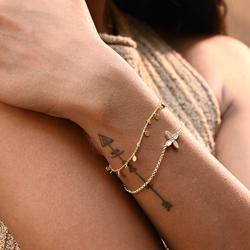 Gold bracelets on a person's wrist 