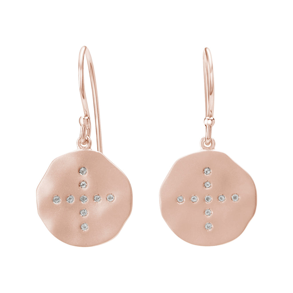 Symbolic Rose Gold earrings with White Topaz, handcrafted in small batches. Celtic-inspired with artisanal production