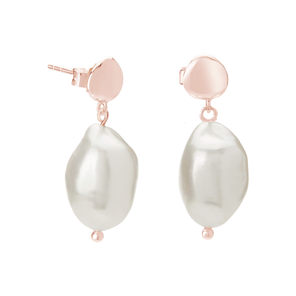 Handcrafted rose gold pearl earrings made with natural materials using ethical and responsible manufacturing practices.