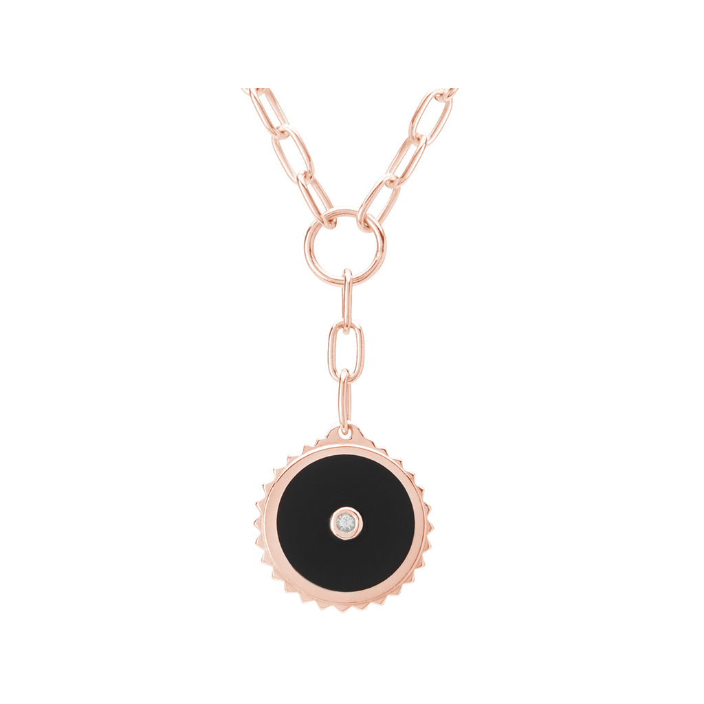 Rose gold drop necklace with meaningful ancient symbolism and black onyx gemstones, artisan-made and ethically produced.  