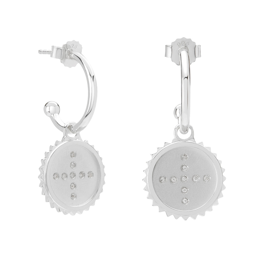 Australian-designed handcrafted sterling silver hoop earrings featuring the Ailm cross. Ancient symbolism-inspired design.