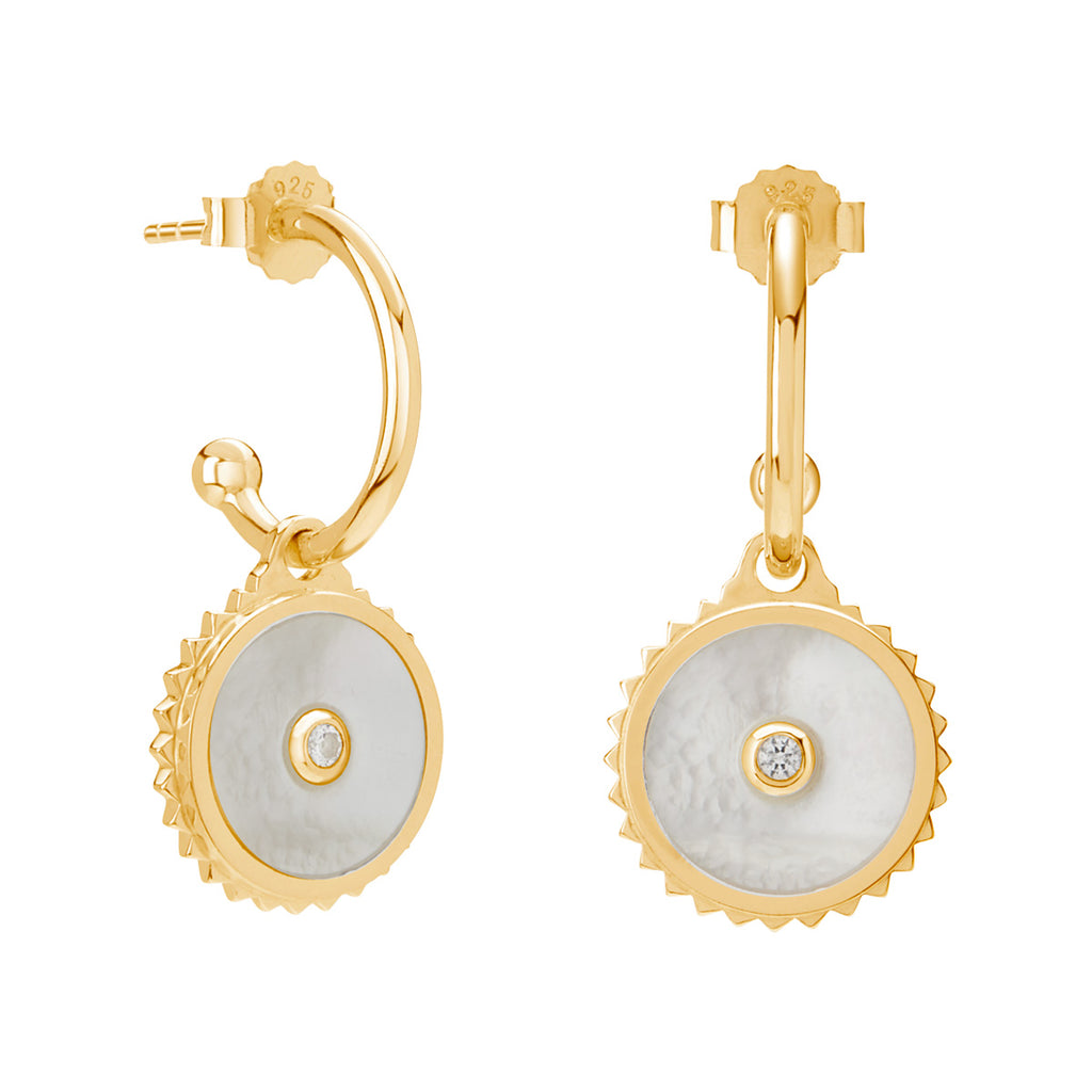Handcrafted gold hoop earrings with moonstone and white topaz. Inspired by ancient Celtic symbolism.