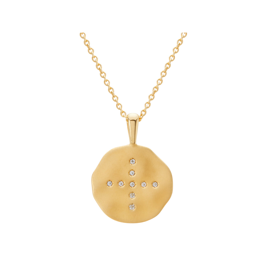 Gold necklace with modern ancient Ailm cross and white topaz. Originally designed and ethically made.
