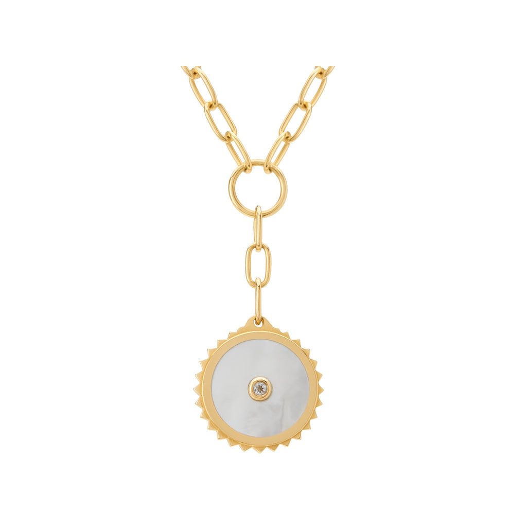 Ethically made artisan gold drop necklace featuring ancient symbolism for courage and strength. 