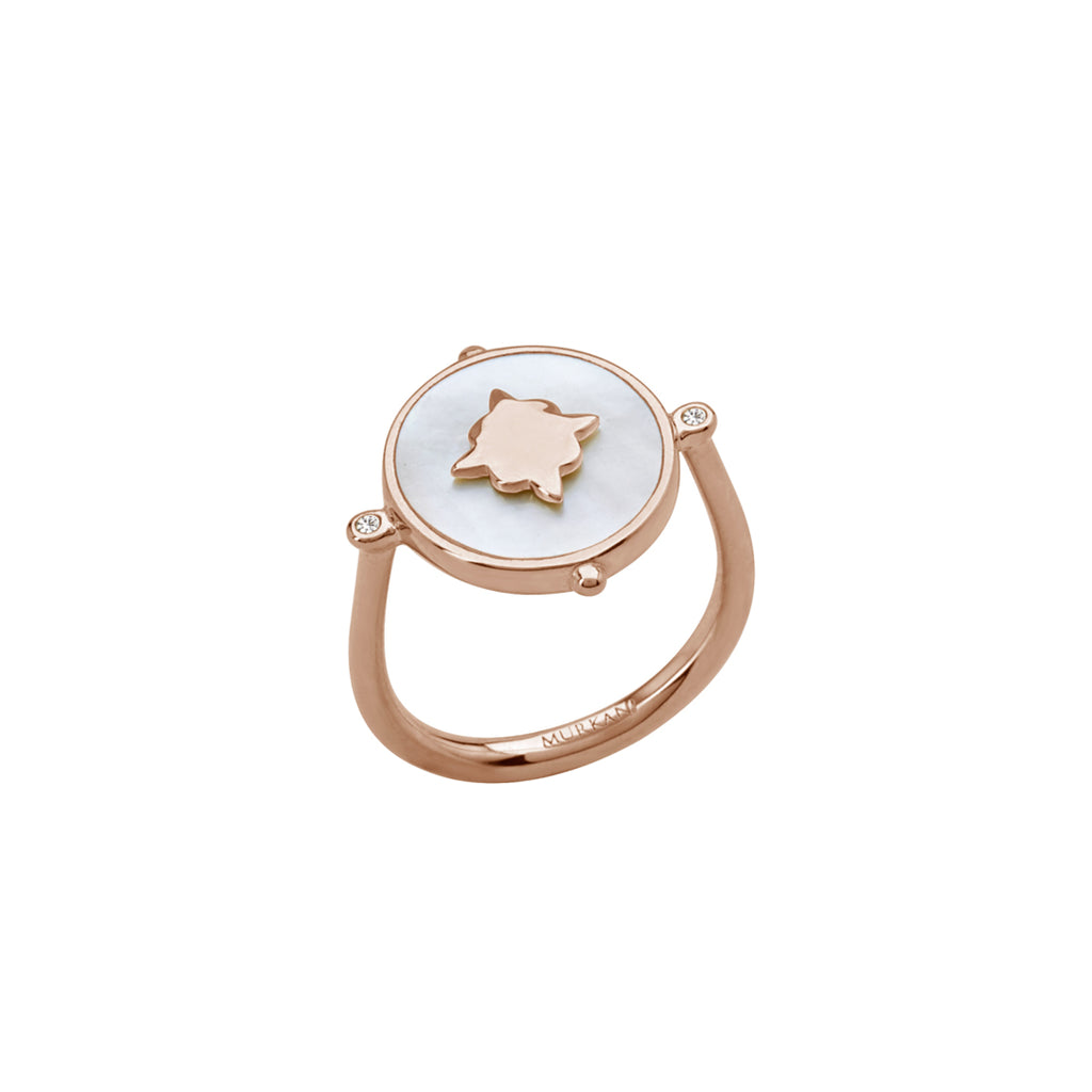 Handcrafted ring, created by skilled artisans. Featuring mother of pearl centrepiece, delicately set in a lustrous rose gold band.