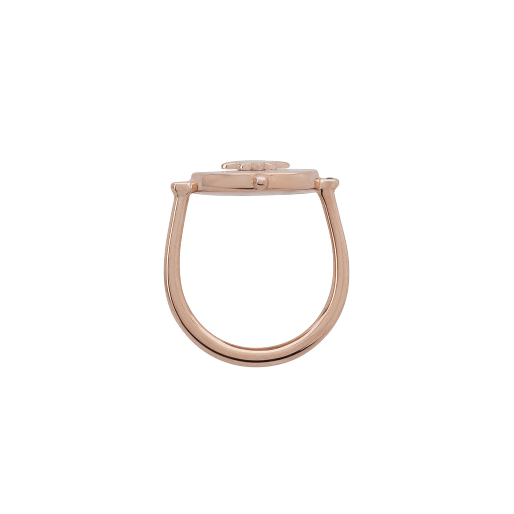 Handcrafted ring, created by skilled artisans. Featuring mother of pearl centrepiece, delicately set in a lustrous rose gold band.