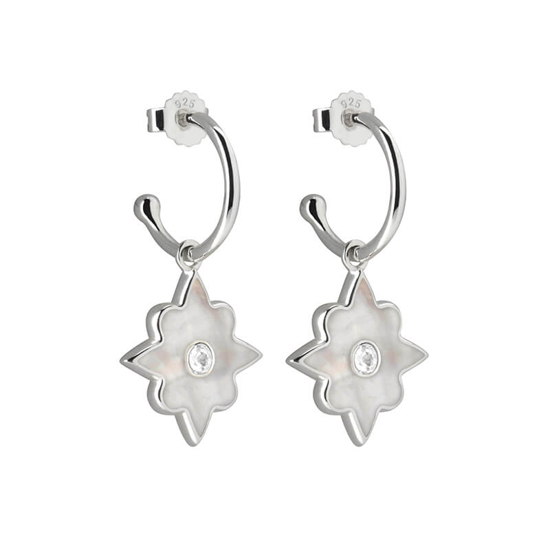 Handcrafted hoop earrings featuring luminous mother of pearl pendant. Crafted by skilled artisans. 