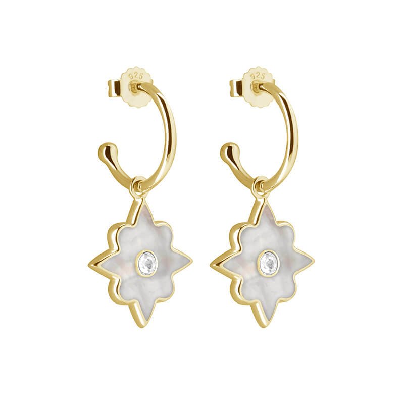 Handcrafted artisan-made hoop earrings featuring a mother of pearl design, set in yellow gold, creating a timeless jewellery piece.