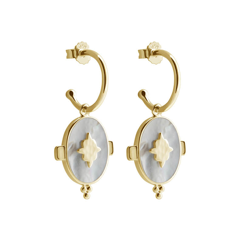 Handcrafted artisan-made hoop earrings featuring a mother of pearl design, set in yellow gold, creating a timeless jewellery piece.