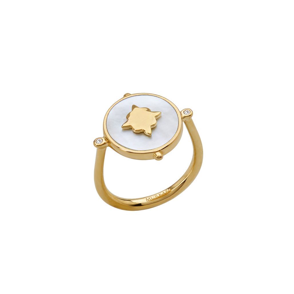 Handcrafted ring, created by skilled artisans. Featuring mother of pearl centrepiece, delicately set in a lustrous yellow gold band.