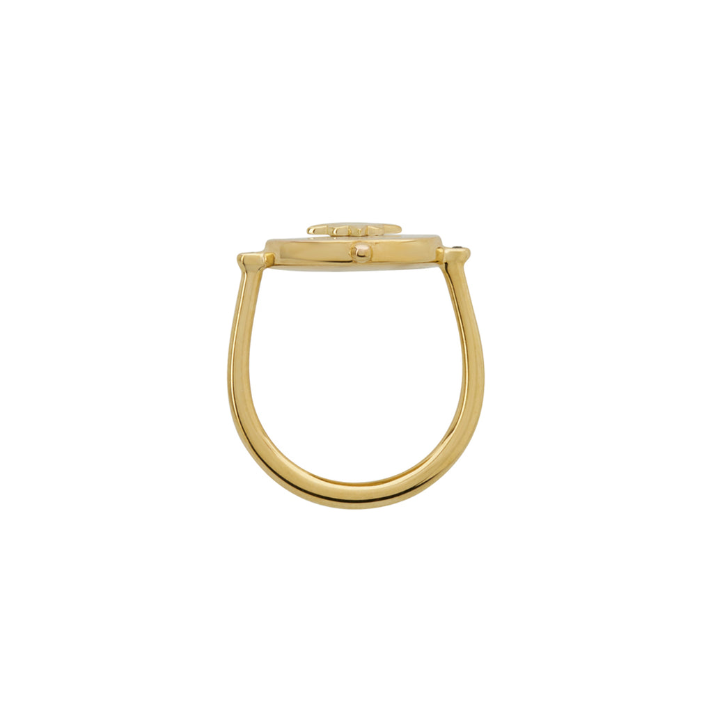 Handcrafted ring, created by skilled artisans. Featuring mother of pearl centrepiece, delicately set in a lustrous yellow gold band.