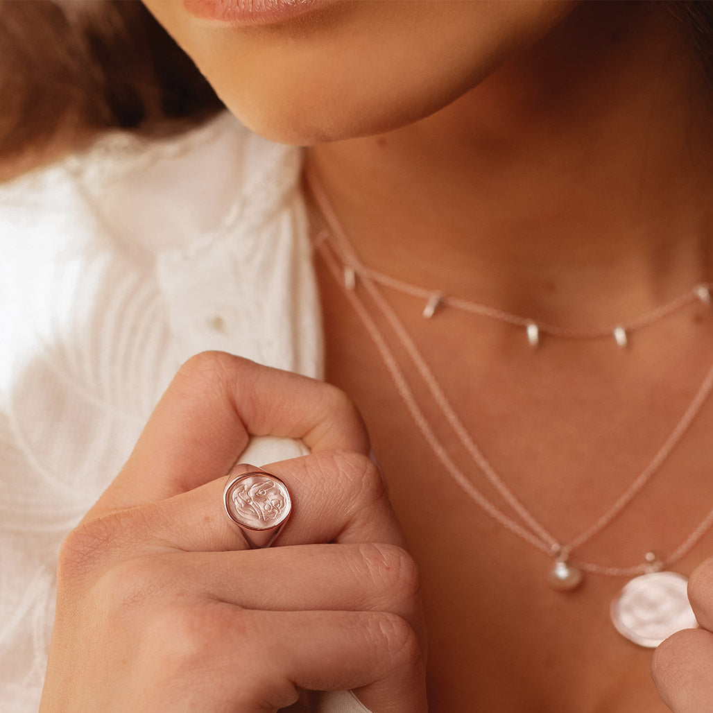 Handcrafted Rose Gold ring celebrates the bond between mother and child. Artisan-made and intricately designed. 